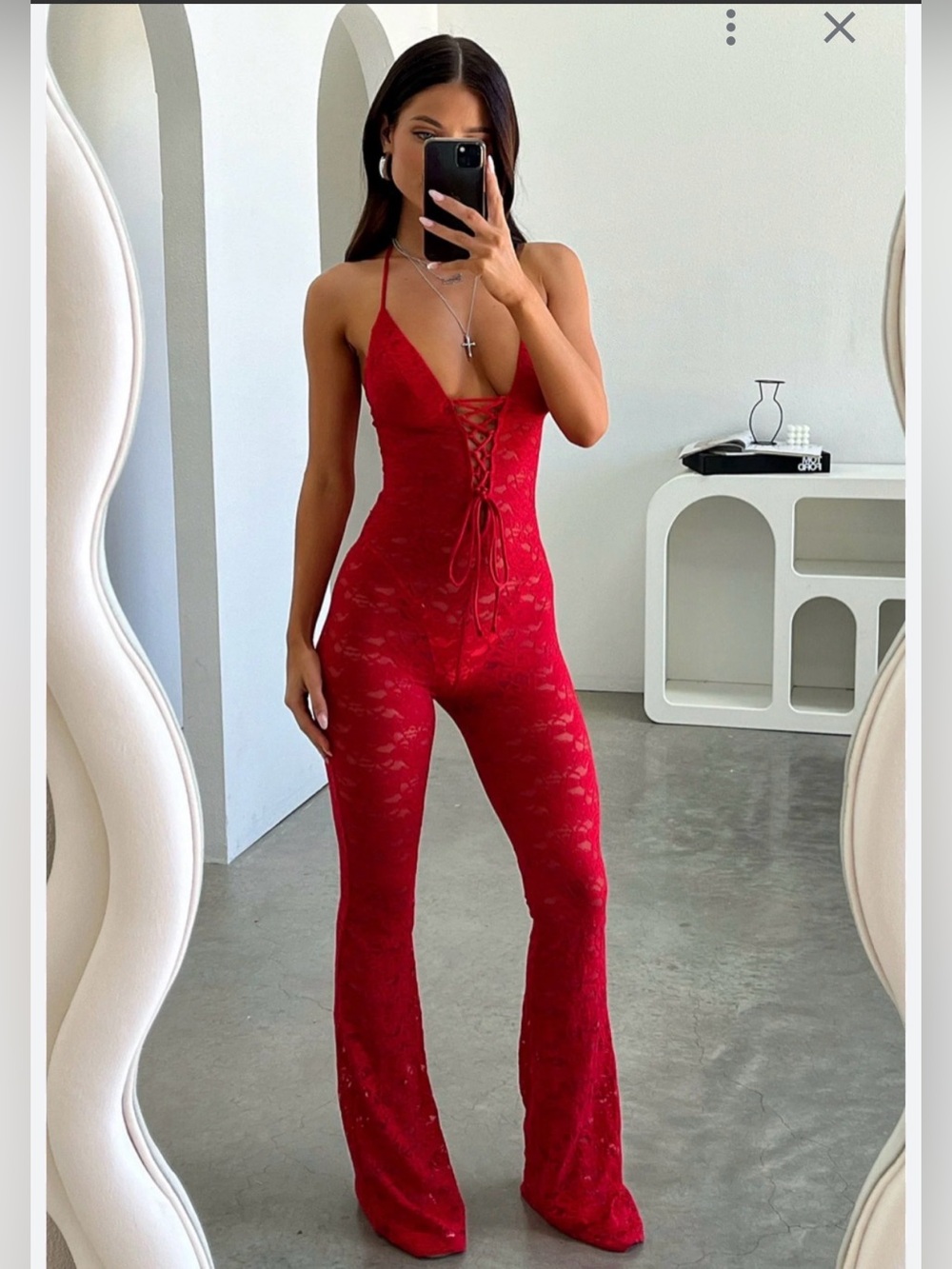 Thats So Fetch Red Lace Halter Lace-Up Jumpsuit 4